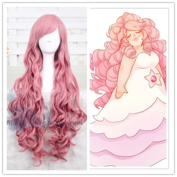 Halloween Universe kostum rambut cosplay wanita, wig Rose Quartz panjang pink berombak