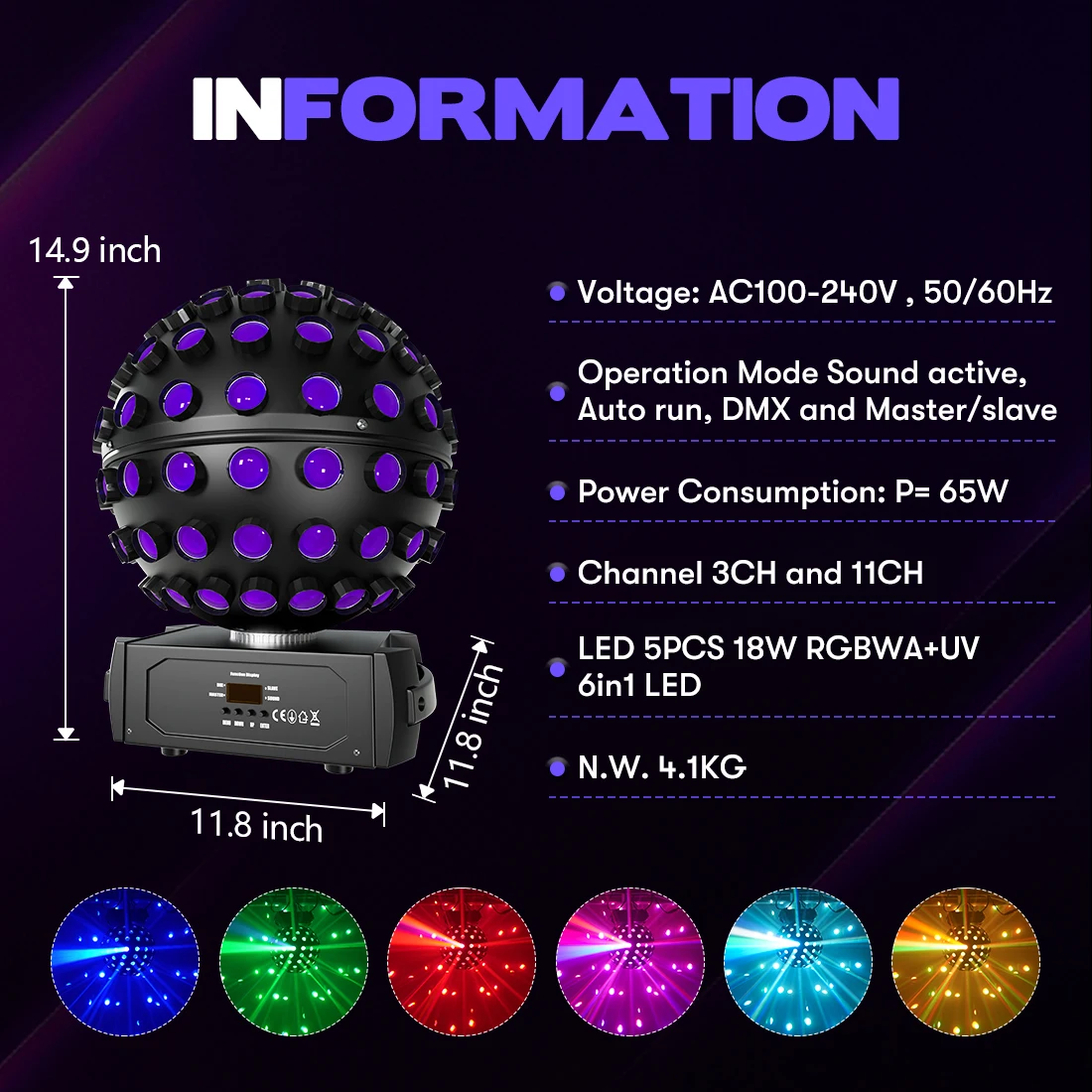 Imagem -03 - Rotativa Disco Ball Light com Cabeça Movente Feixe de Led Rgbwauv Centerpiece Festa Rotativa Strobe Boate Bar dj 5x18w