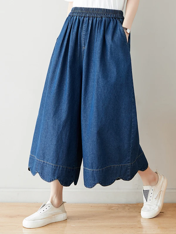 

Summer 2025 plus Size Elastic Waist Pure Color Slimming Wide Leg Denim Skinnies with Lace Trim Nine Crop Pants Trendy Ladies ...