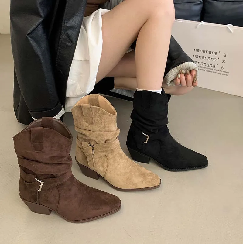 

Short boots 2026 Spring and Autumn pile boots square toe thick heel belt buckle set boots for women