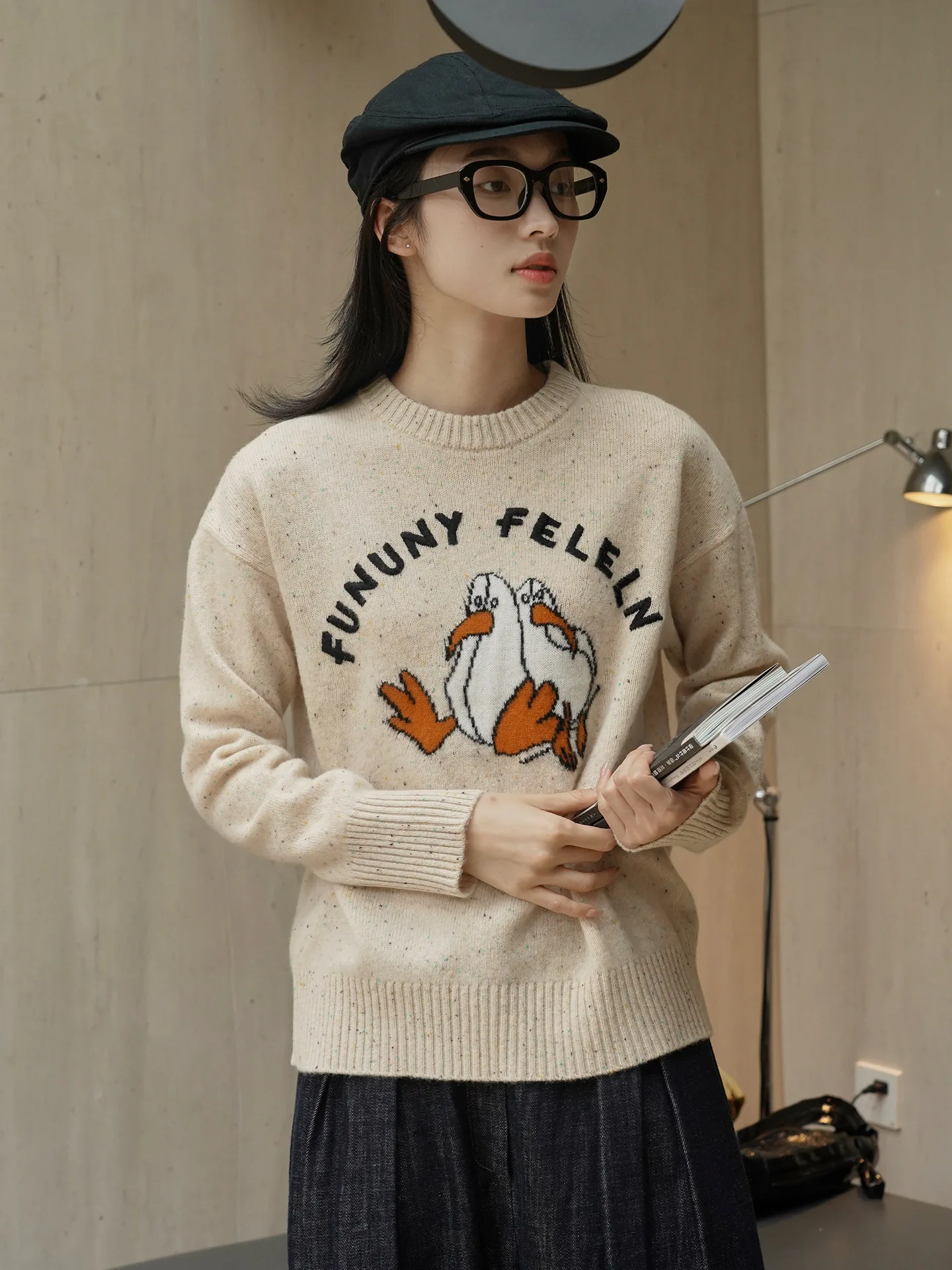 

Autumn and Winter Women's Casual Cartoon Pattern Round Neck Long Sleeve Loose Sweater