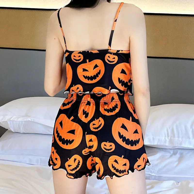 Hallowmas Pyjama Set Vrouwen Zomer Sling Shorts Thuis Kleding Pompoen Print Nachtkleding Casual Dames Mouwloze Nachtjapon 2 Stuks