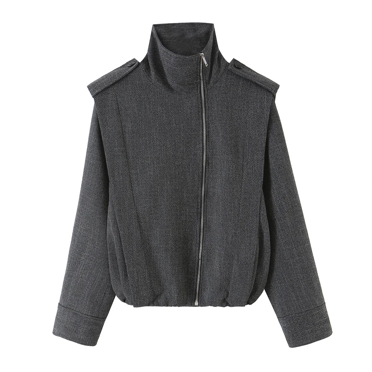 Damenjacken mit Stehkragen, unregelmäßigem Metallreißverschluss, lässig, trendig, kurz geschnitten, Streetwear, modische, lockere, einfarbige Langarmjacke – Detail 2
