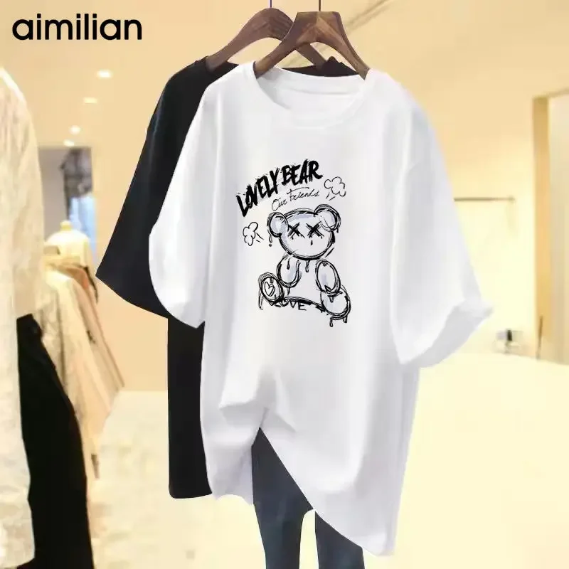 

Women Casual Loose Summer O-neck Short Sleeve Pure Cotton Basic T-shirt Chic Y2k Printed O-nneck Tops