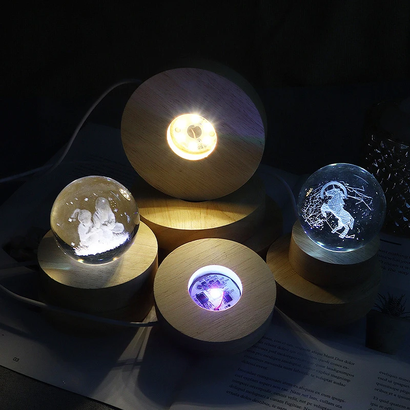 Round Wood Light Base USB with switch DIY LED Night Light Rotating Crafts Display Stand Home Decor Warm White Multicolor