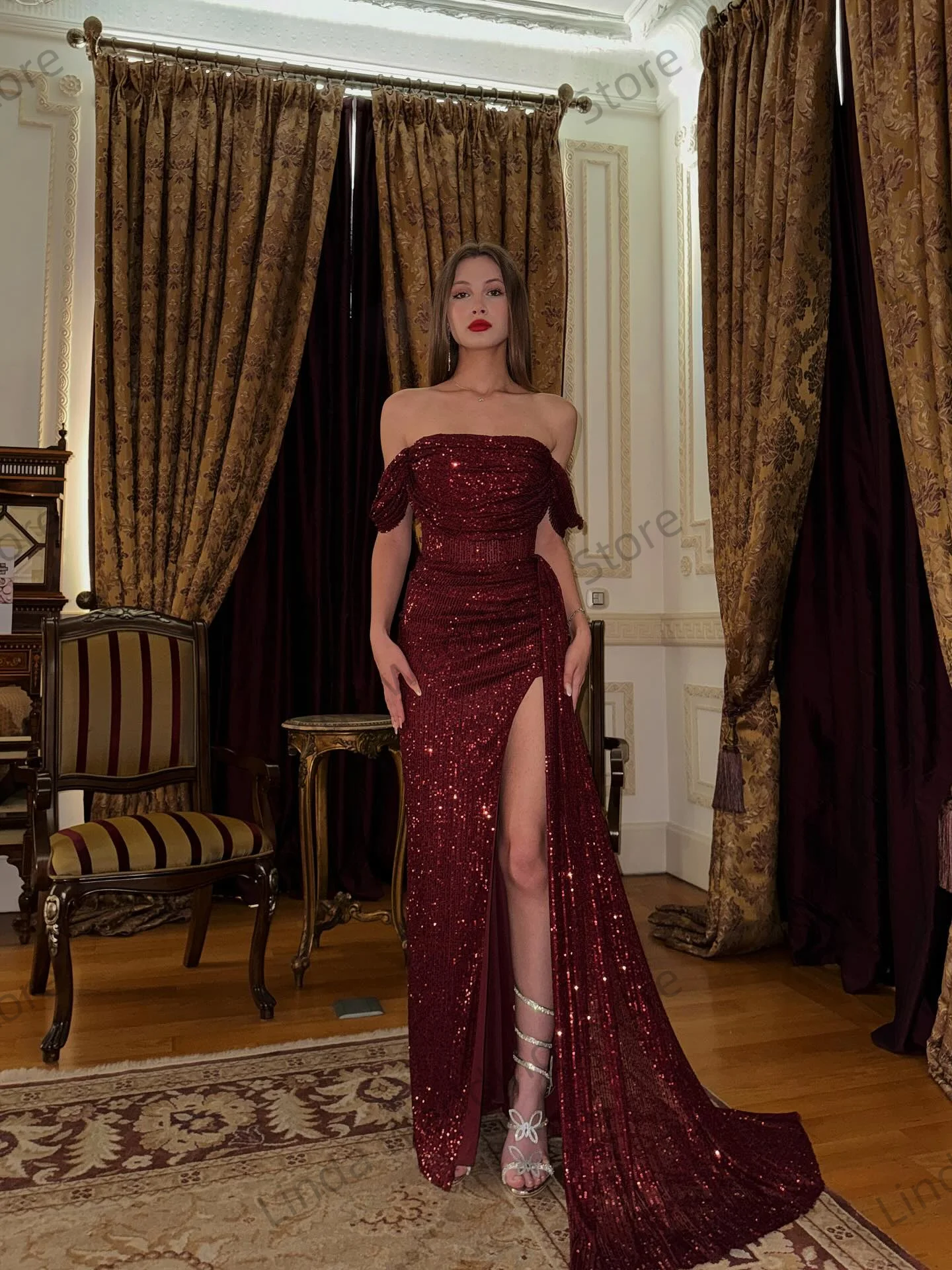Sequin Burgudy Prom Dresses Off The Shoulder Mermaid Vestidos de Gala for Formal Occasion Shiny Slit Prom Party Gowns Customized