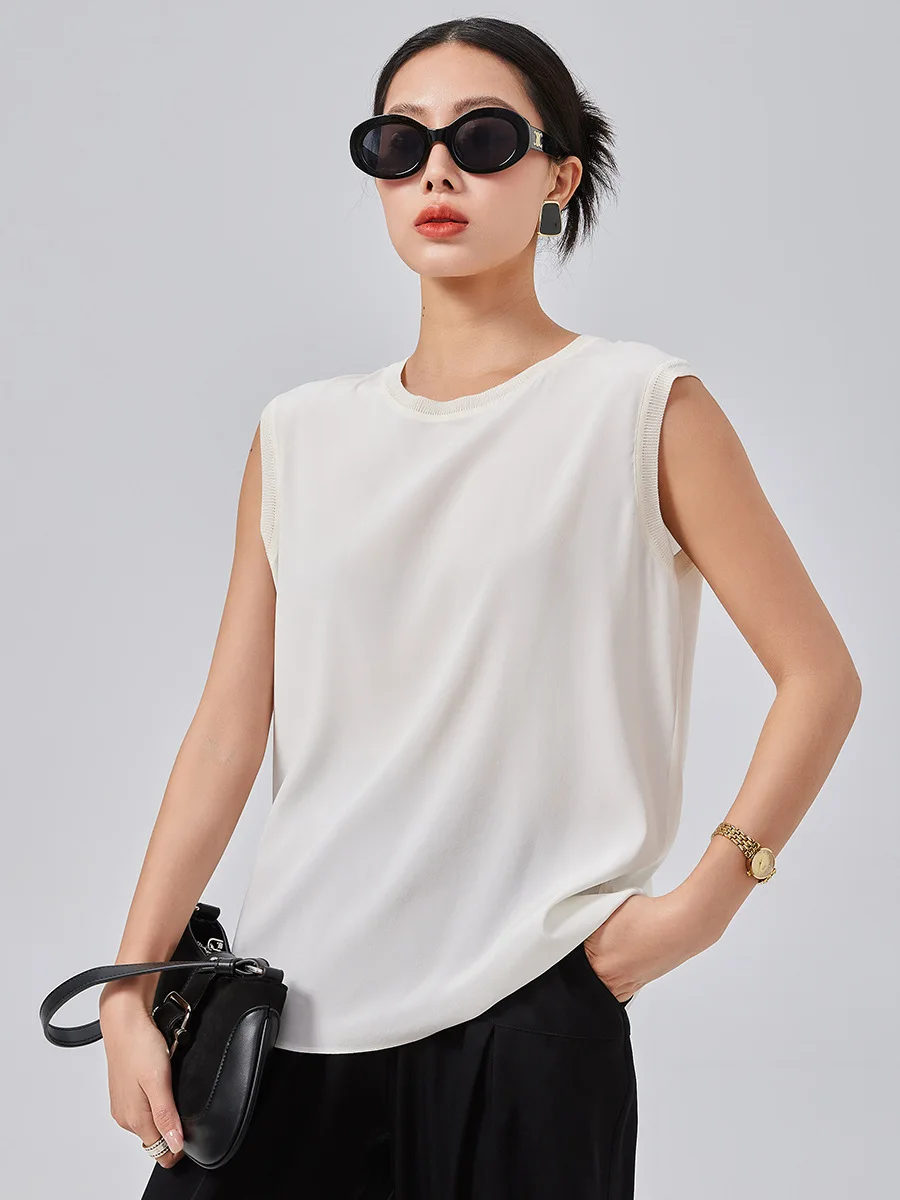 

Birdsky, 1PC Women T shirt Top sleeveless tee rib collar cuff 90% real mulberry silk 10% spandex White & Black, S-526