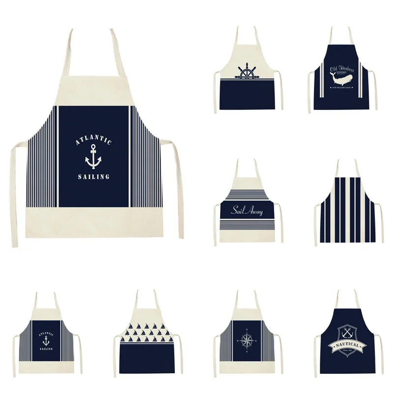 Kitchen Apron for Women Men Sailing Letters Anchor Rudder Printed Aprons Household Sleeveless Aprons Home Cleaning Tools