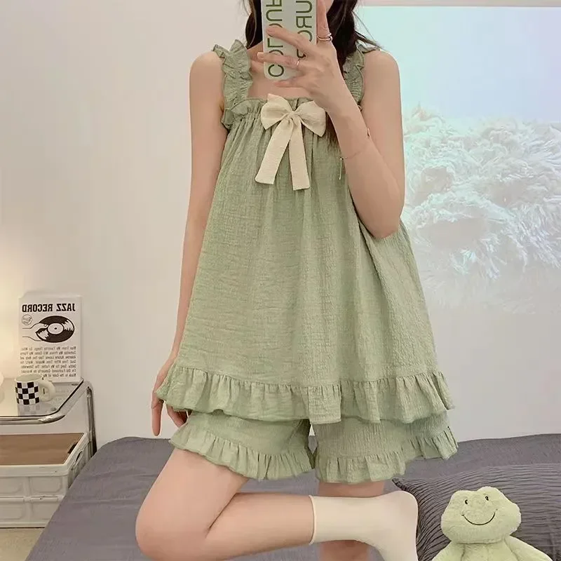 Girlish Sleeveless Cozy Summer Sets Sleepwear Cool Homewear Tender Comfortable Loungewear Women Sweet Soft Pajama Princess Bow