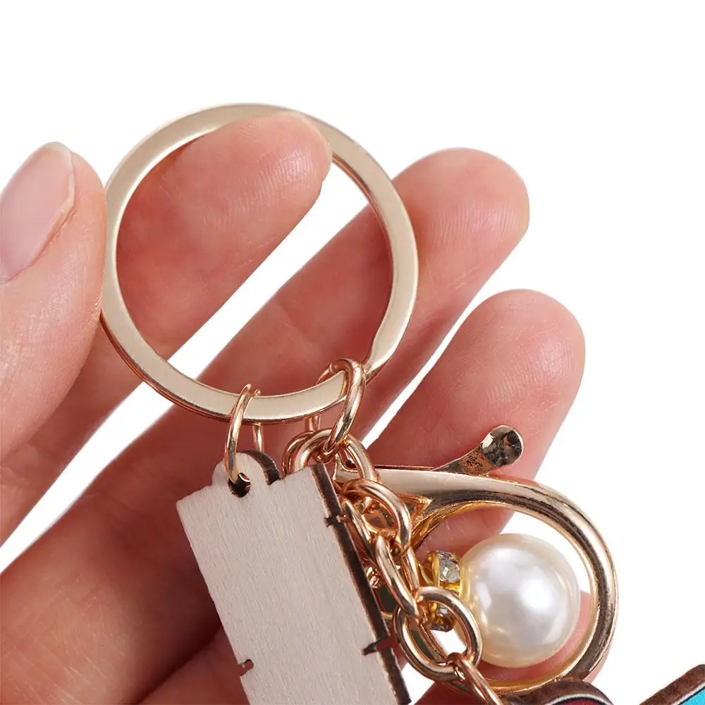 Wooden Teacher's Day Keychain Geometric Shape English Letter Text Keychain Pendant Charm Trinket Pen Holder Key Ring