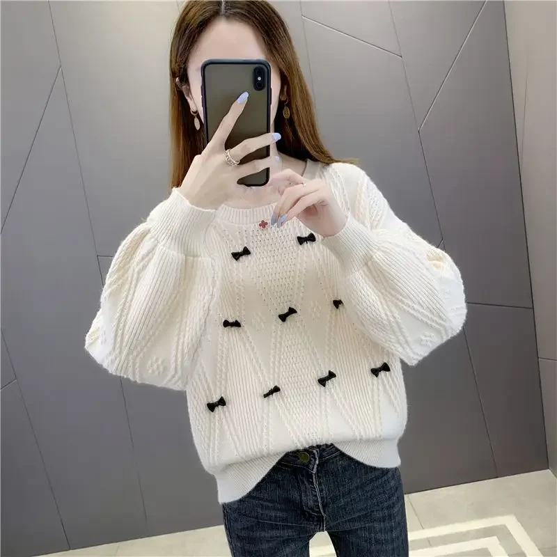 

Autumn Winter New Solid Color Fashion Long Sleeve Sweater Women High Street Casual Loose Bow Jacquard Weave All-match Chic Tops