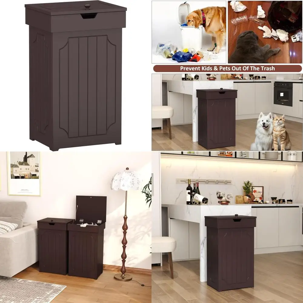 

Sturdy 13 Gallon Kitchen Trash Can with Wooden Recycling Bin and Dog-Resistant Design