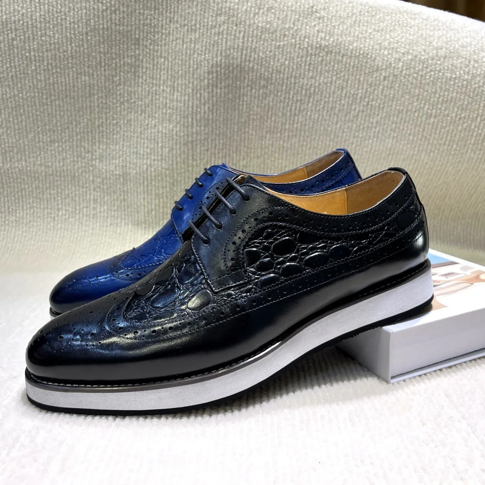 Men's Genuine Leather Slip-On Loafers Casual Shoes Double Buckle Monk Strap Crocodile Print Comfortable Outdoor Sneakers