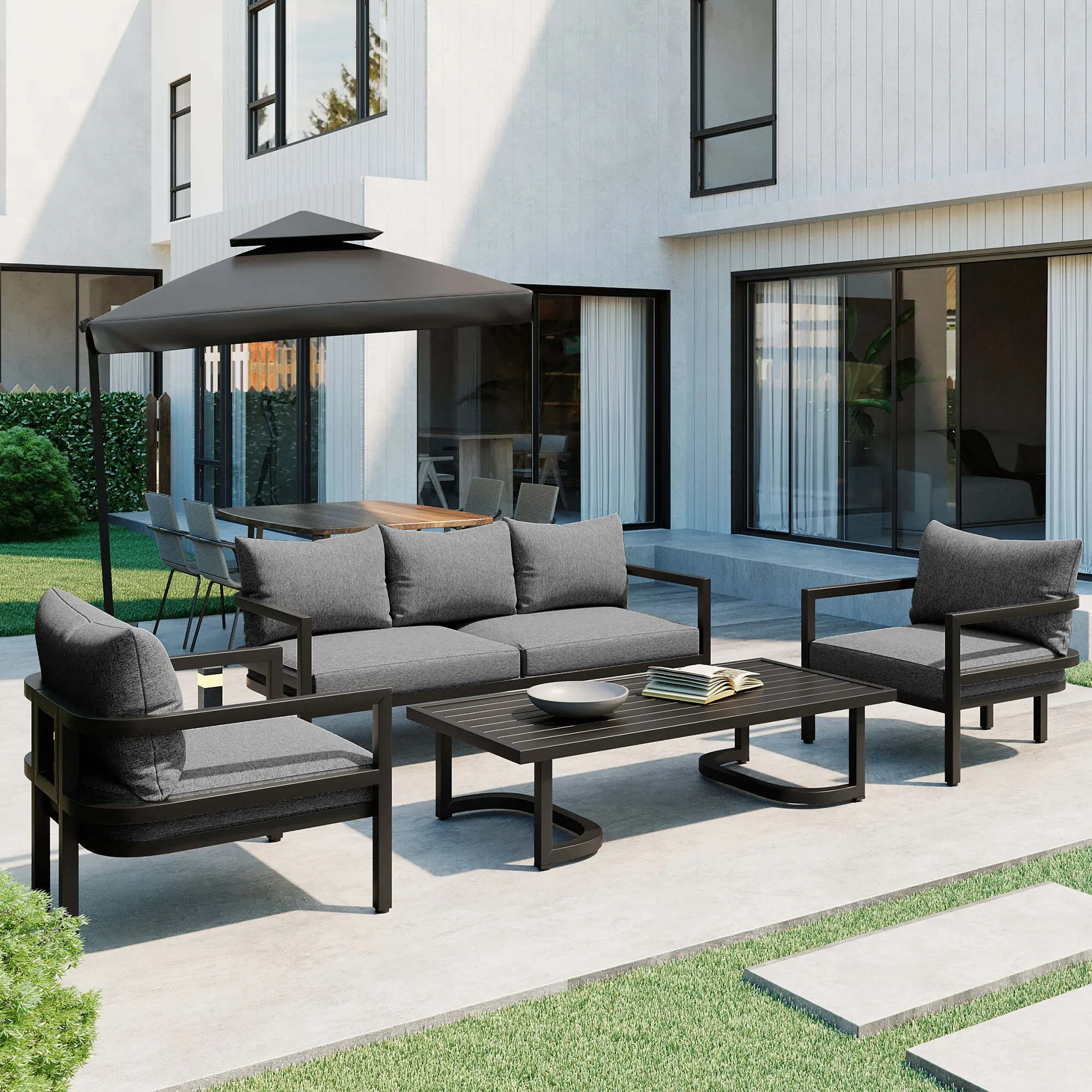 

Light Gray U-Style Steel Outdoor Sofa Set for Multi-Person - Waterproof-Anti-Rust-Anti-UV, Easy Clean Design for Garden/Lawn