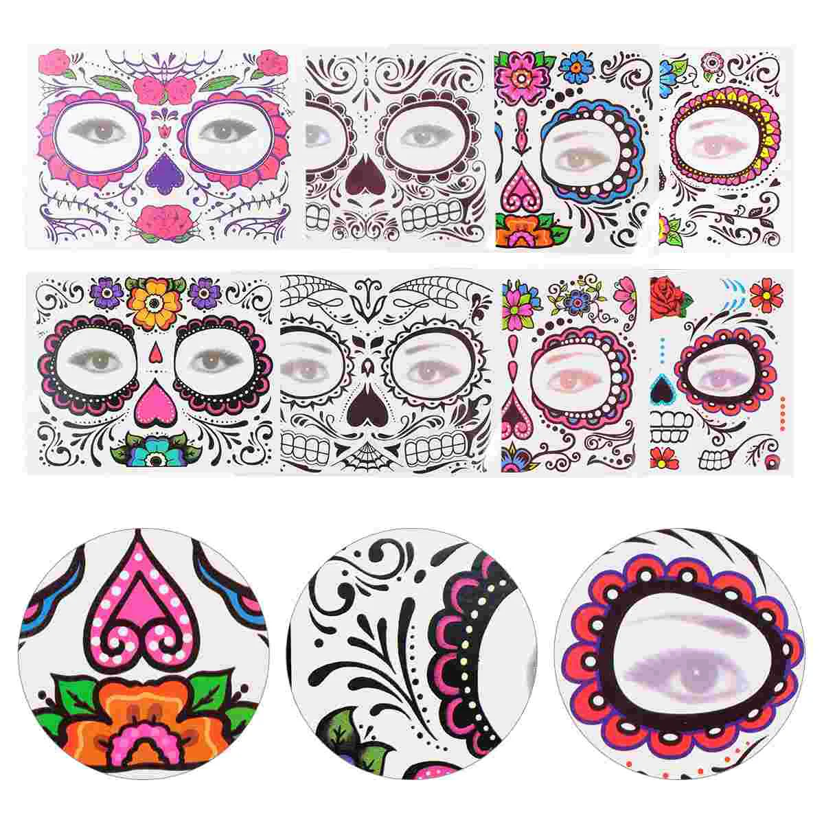 Pegatinas faciales de Halloween, tatuaje Floral de Calavera, maquillaje de transferencia de agua europeo y americano, 8 hojas