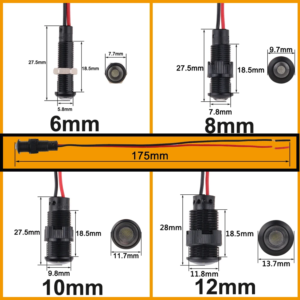 1/5pcs 6mm 8mm 10mm 12mm LED Indicator Light Plastic Black Signal Dot Lamp Red Yellow Blue Green White 3V6V12V24V110-220V