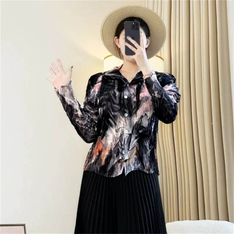 مياكي الأزرق المتخصصة غير النظامية الطباعة المرأة مطوي قميص واحدة الصدر التلبيب مطاطا التخسيس ملابس أنيقة