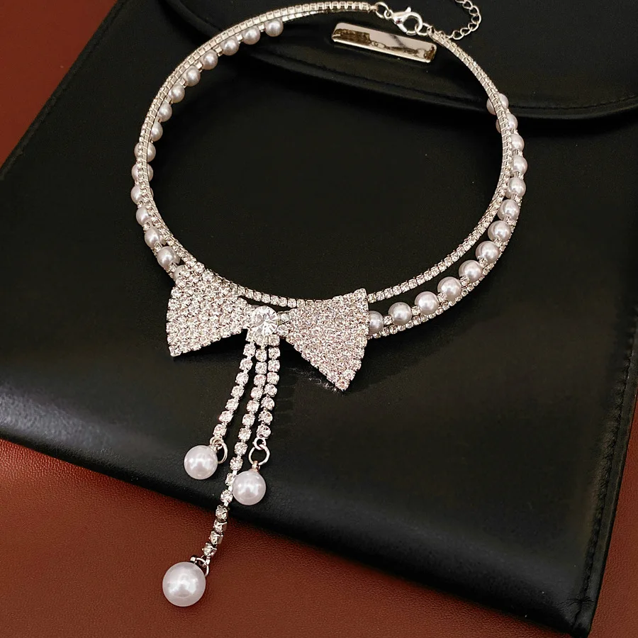 Double Layers Rhinestones Bow Choker Necklaces Women Imitation Pearl Long Tassel Collar Chain Wedding Birthday Party Jewelry N