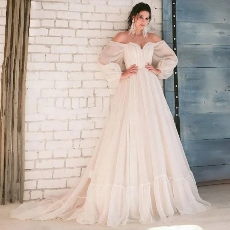 Off Shoulder Puff Sleeve Bohemian Wedding Dress Flowy Chiffon With Ruffle Hem Evening Gowns Customizable