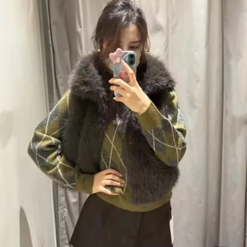 Women's Diamond Knitted Polo Shirts Winter European And American Style Long Sleeves Pullover Female Elegant Tops