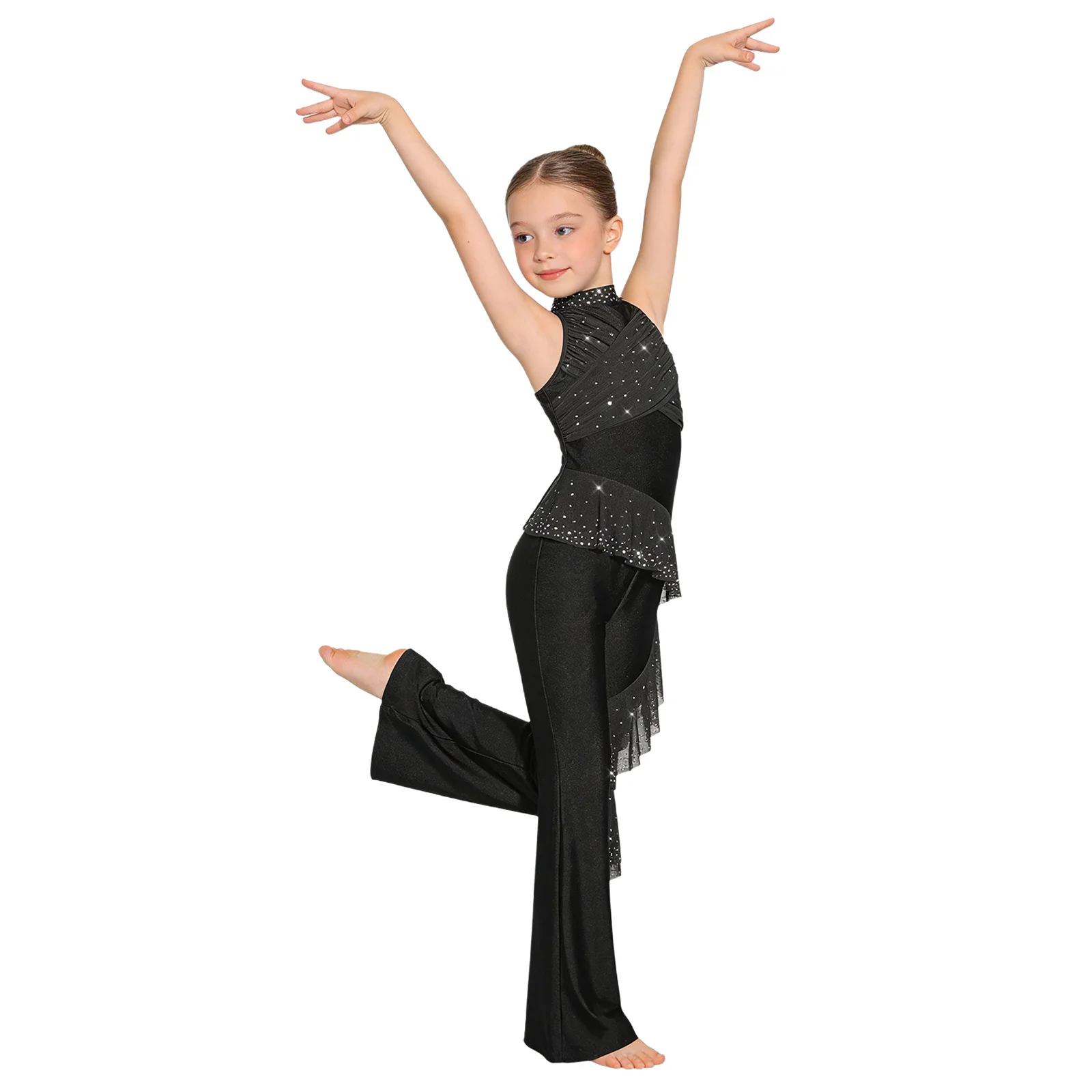 

Блестящий комбинезон для девочек со стразами для джазовых и латинских танцев, балета, гимнастики, современных танцев, без рукавов, сетчатый, с расклешенными штанинами, боди