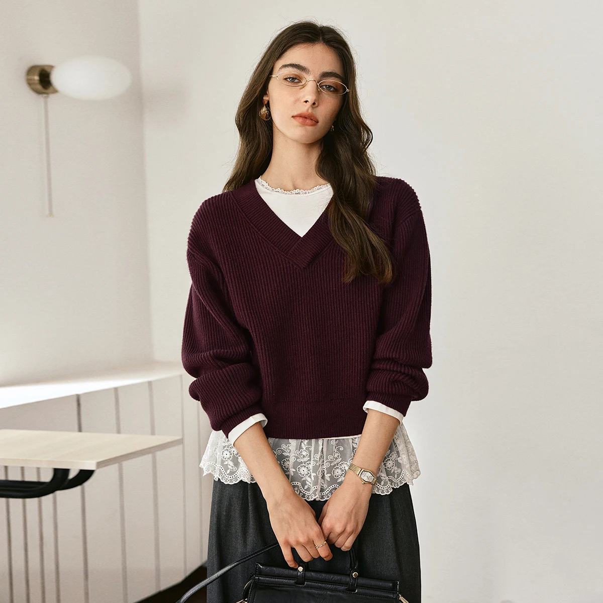 OLrain Women 2026 Autumn Knit Sweater Ladies V Neck Minimalist Versatile Long Sleeve Pullover Daily Commute Tops O57QM000893