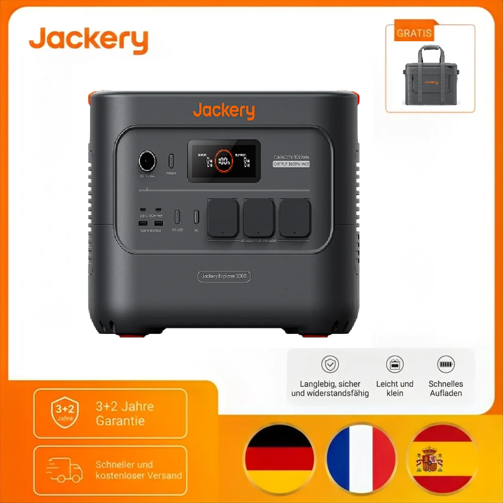Jackery E3000 v2 Tragbare Powerstation mit Extreme Guard Tragetasche, 3072Wh/3600W (Max 7200W) LiFePO4 Batterie, 1,8h Schnellladung, 2 USB-C PD 100W, Leichter & kompakter Solargenerator für Camping,