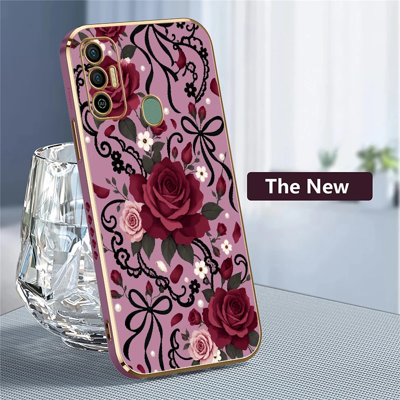 Red Rose Bow tie Pattern Phone Case For Tecno Spark 20 Pro 8C 7 Pro 7T 6 Go 1 5Air Plating Silicone Soft Anti Scratch Cover Capa - view 4