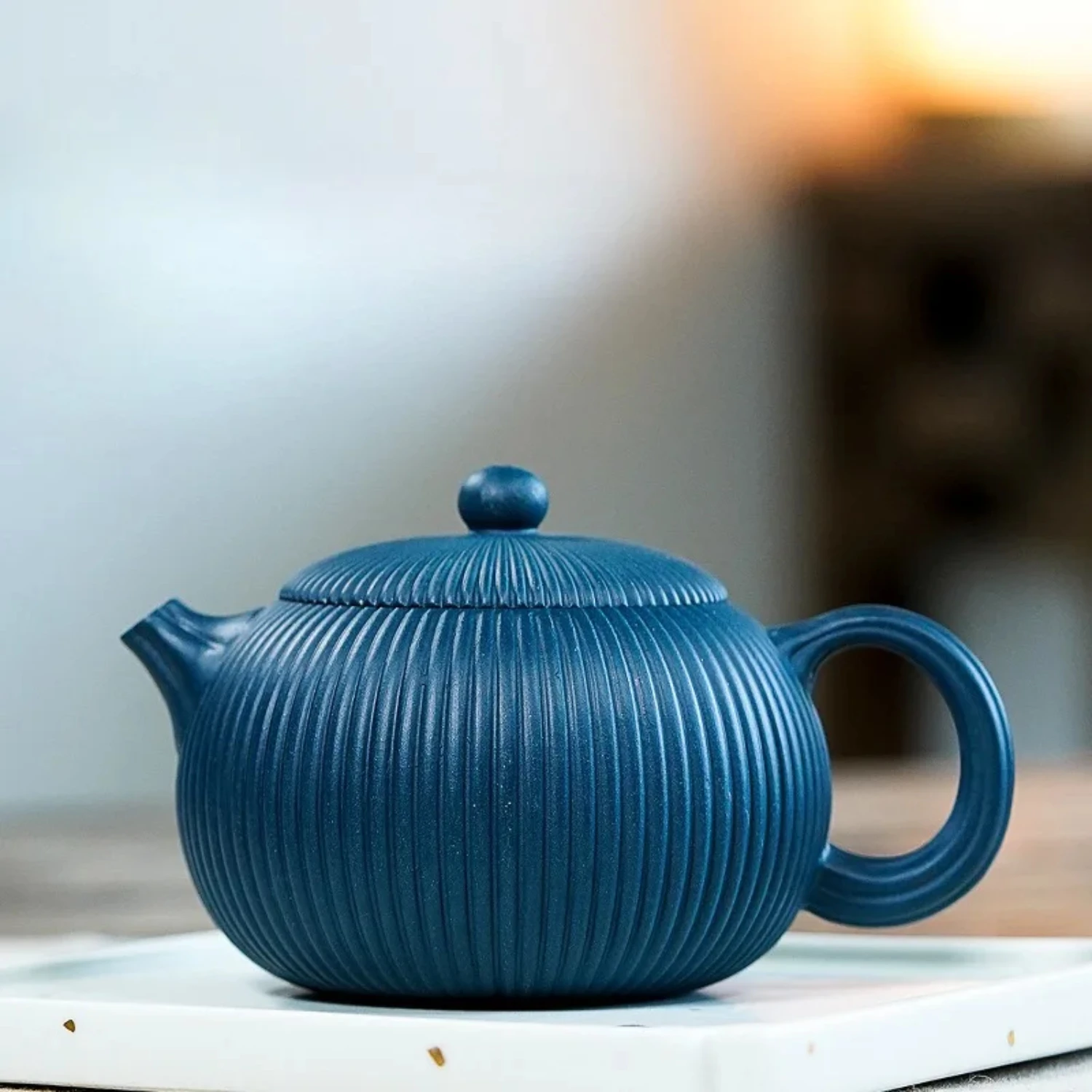 Exquisite and Unique Purple Clay Xishi Tea Pot with Stripes Azure Mud - Authentic Yixing Tea Accessories, Handcrafted from Rare 