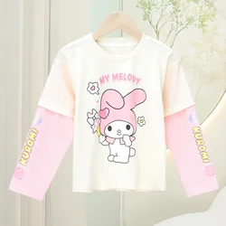 Kawaii Anime Sanrio Cute My Melody Cartoon Girl Long-Sleeved T-Shirt Top Kuromi Cinnamoroll Children's Cotton Sweater