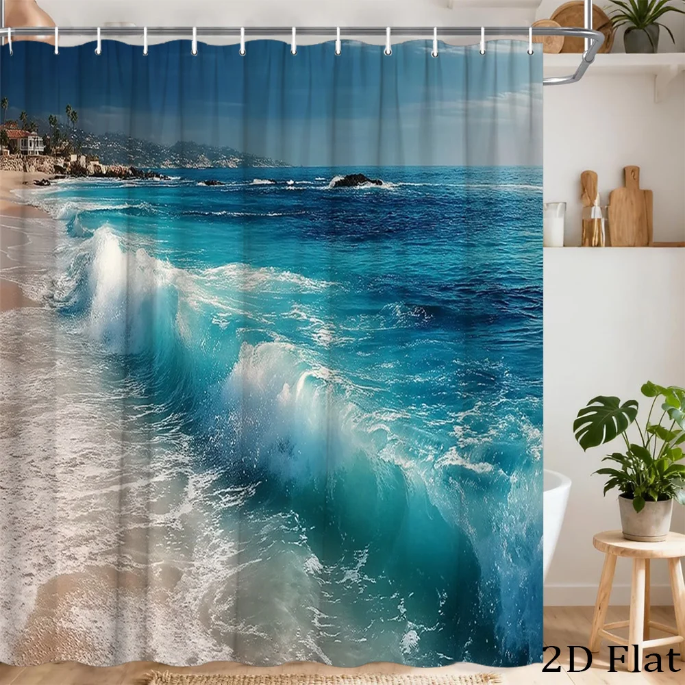 Waterproof Ocean Wave Shower Curtain Deep Blue Tropical Seascape Beach Print Bathroom Curtain 180x180cm