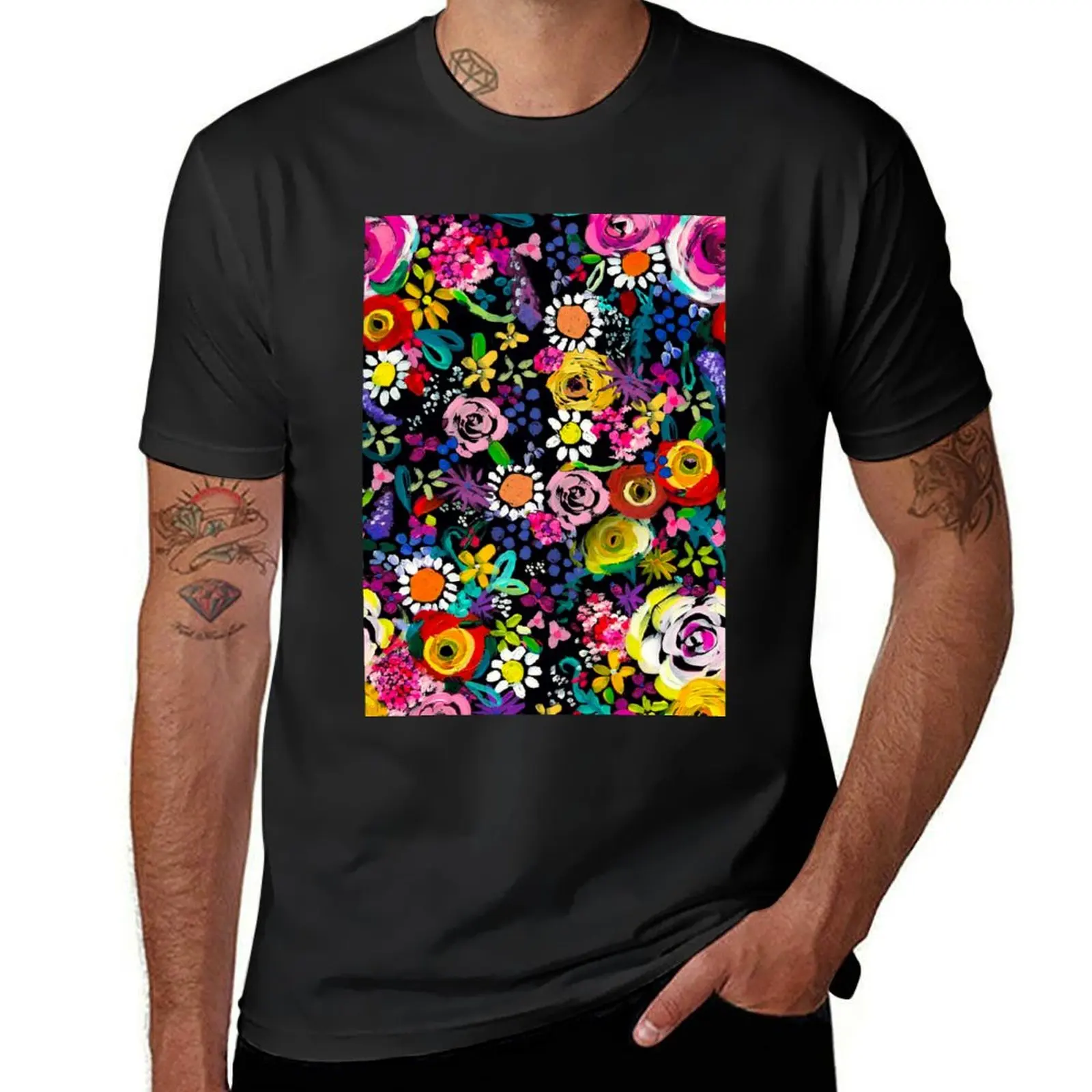 Les Fleurs Vibrant Floral Painting Print T-Shirt Short sleeve tee boys whites t shirt for men