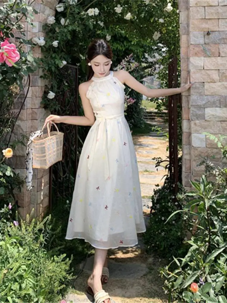 

Women White Bow Print Sexy Club Off Shoulder Beach Holiday Dress Summer Sleeveless Elegant Backless Bandage Dress 2024 New Trend