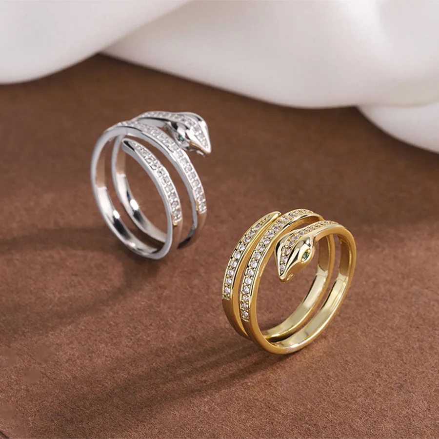 Simple Golden Silver Color Snake Rings for Women Girls Inlaid Rhinestone Popular Accessories Jewelry Gifts