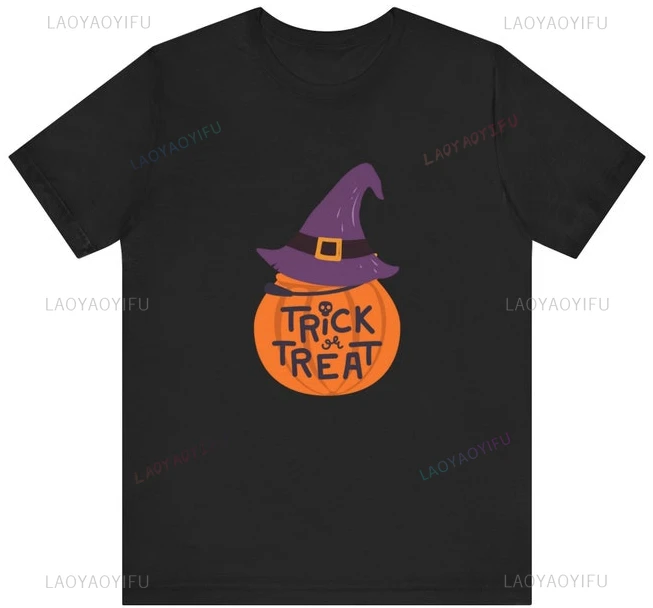 Halloween Printed Shirt Pumpkin with Witch Hat Trick or Treat Men and Women Trick or Treat Ventilate Short-sleev Casual Tshirt