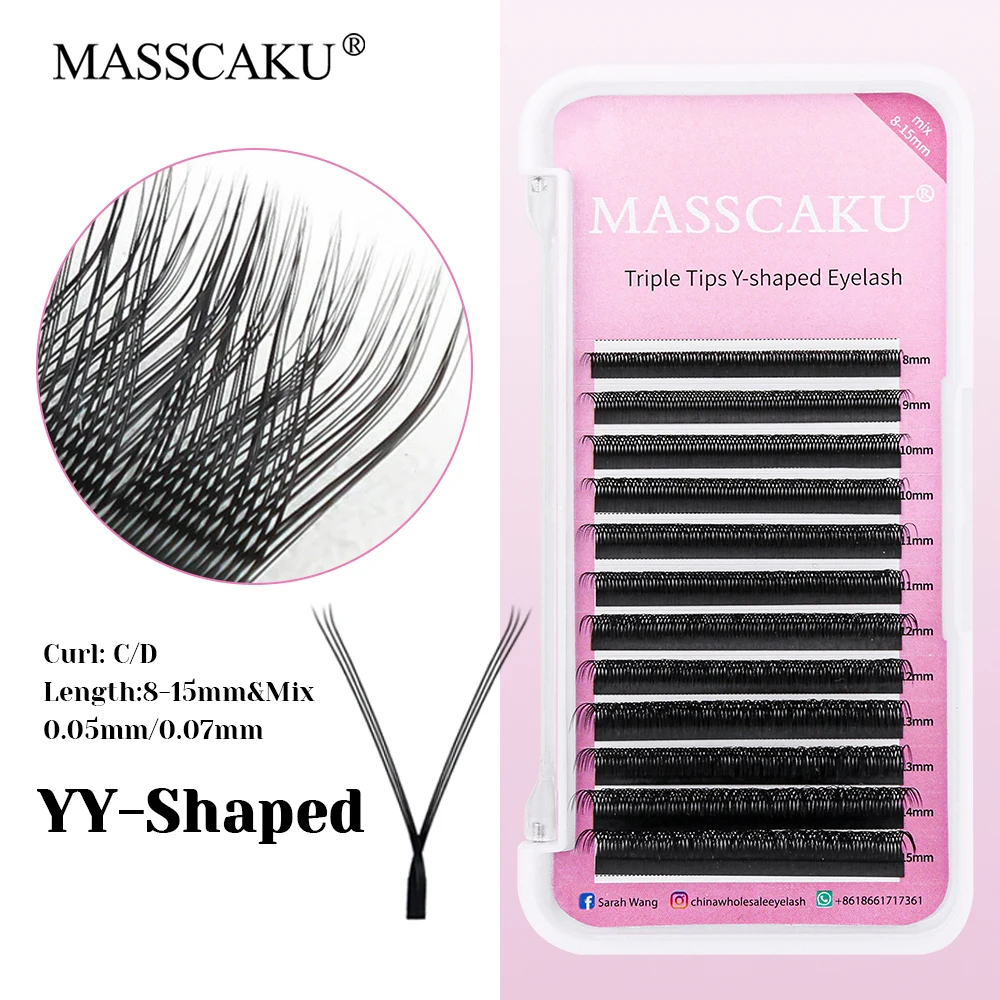 

Wholesale MASSCAKU C D Curl Korea PBT Fiber Double Tips Makeup Eyelash Ribbon Matte Deep Black Y Shaped Eyelashes Easy to Grip