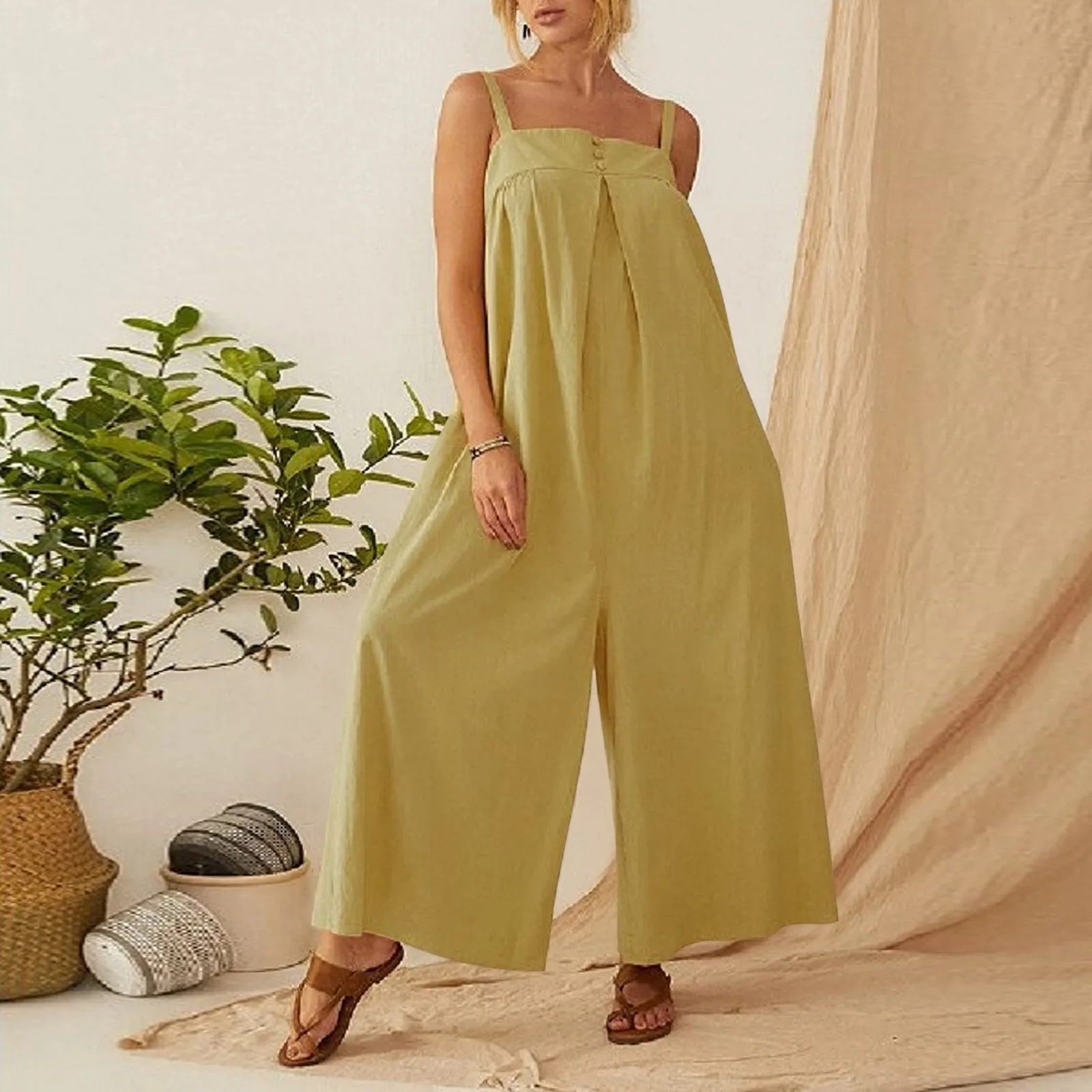 

2024 Spring/Summer New Ethnic Style Fashion Solid Color Wide Leg Jumpsuit Quick Sale Tongfa Women's Cross Yoga Clothing