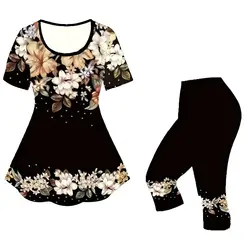 Plus Size Matching Sets Female Large Lady Casual Flower Print Fashion Summer Round Neck T-Shirt Cropped Trouser Suit