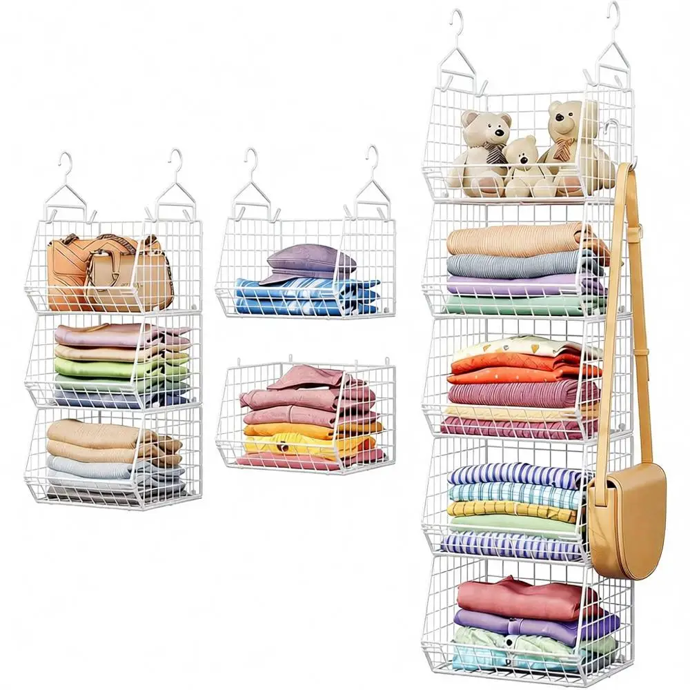 

5-Tier Hanging Closet Organizer with 4 Hooks, Wire Baskets for Clothing, Shoes, Accessories - White