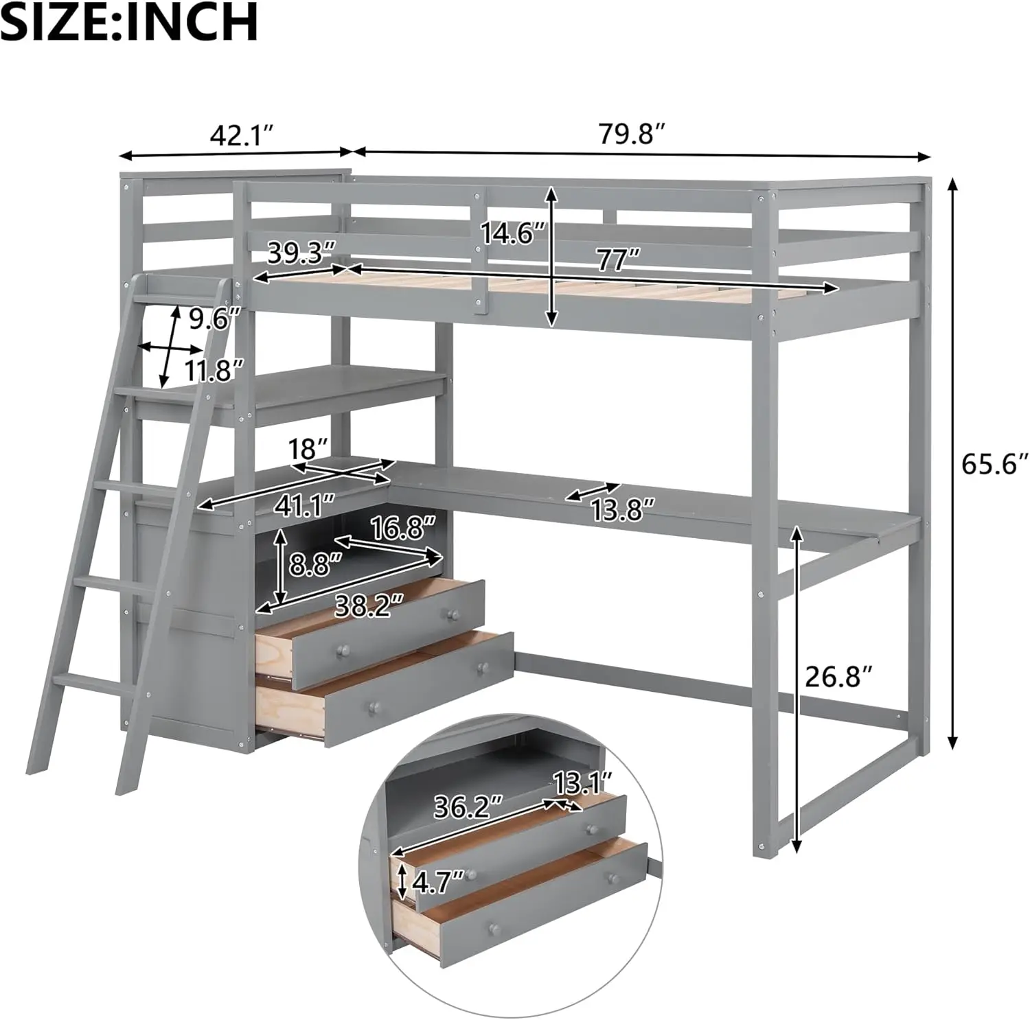 

Twin Size Loft Bed with Storage Staircase and Desk, Wooden Bedframe w/Open Shelves & Two Built-in Drawers