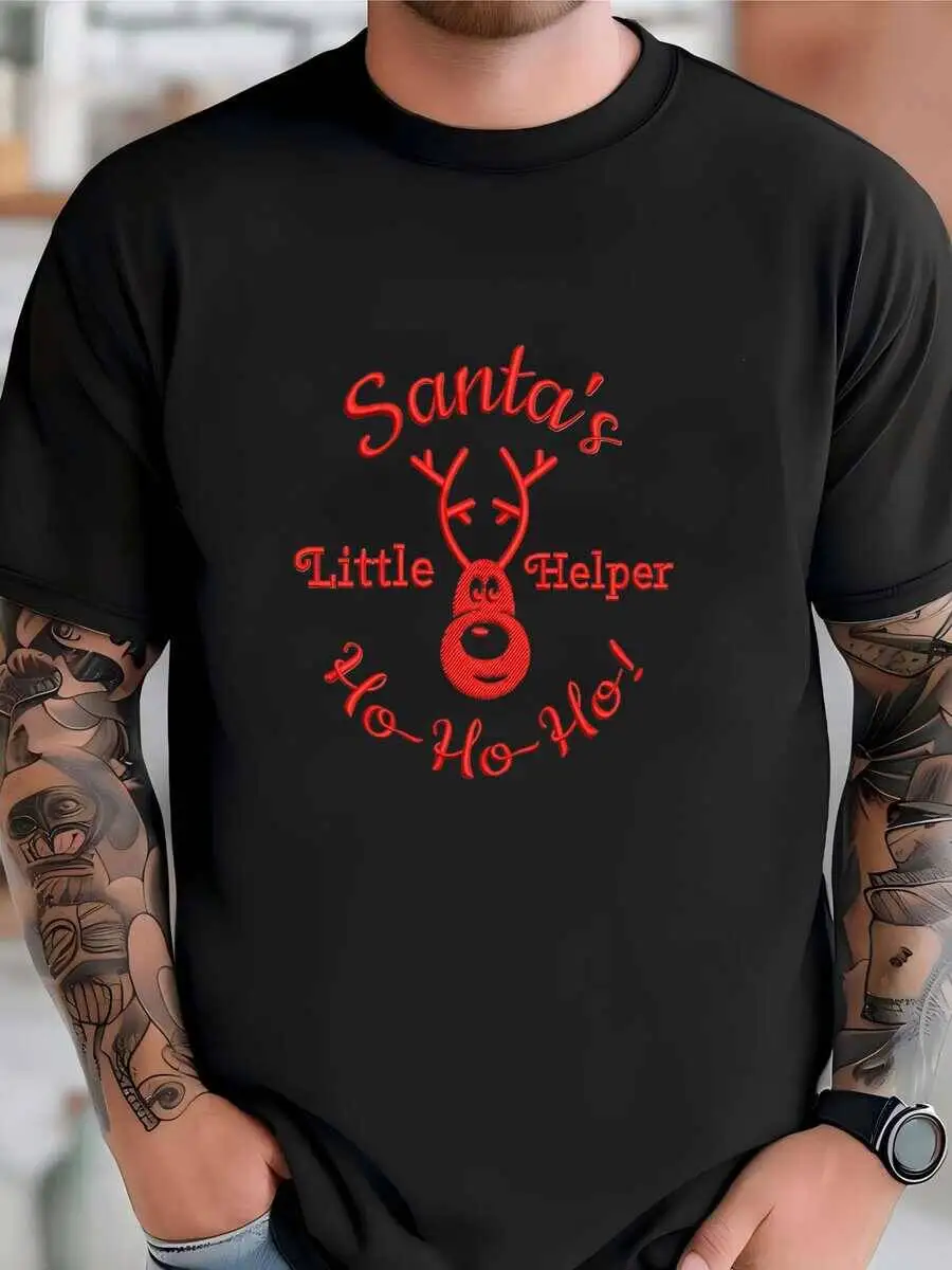 Mens Santa's Little Helper Design, Baby Pattern, Funny Reindeer Machine Y File, Ho Holiday Design T-Shirt 100% Cotton Trendy Y2K Short-Sleeve Tee-Soft, Quick-Drying, Moisture-Wicking; Ideal for Sports or Casual Wear; Great Gift for Christmas or Halloween