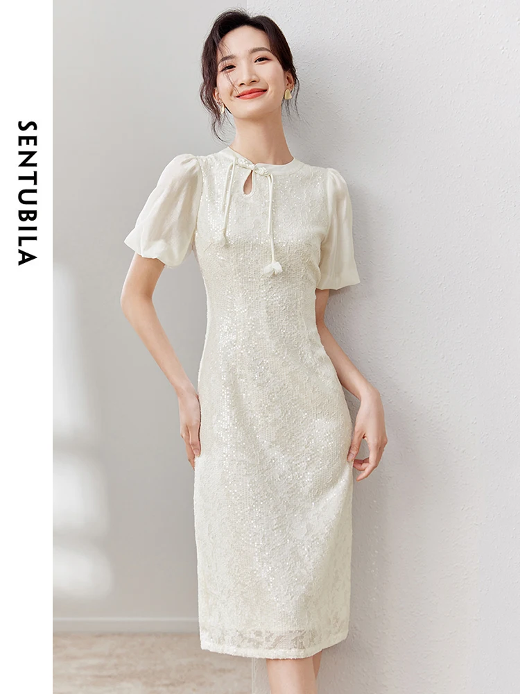 

SENTUBILA Chinese Style Sequin Jacquard Cheongsam Women Summer Dress 2024 Fashion Tie Round Neck Fitted Dresses Woman 132L50247