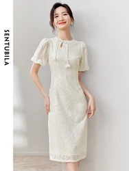 SENTUBILA Chinese Style Sequin Jacquard Cheongsam Women Summer Dress 2024 Fashion Tie Round Neck Fitted Dresses Woman 132L50247