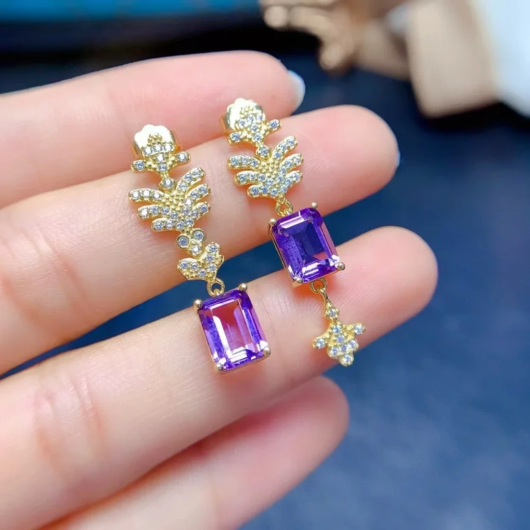 Unique Design Pure 925 Silver Amethyst Drop Earrings 6mm*8mm Emerald Cut Natural Amethyst Jewelry with 18K Gold Plating