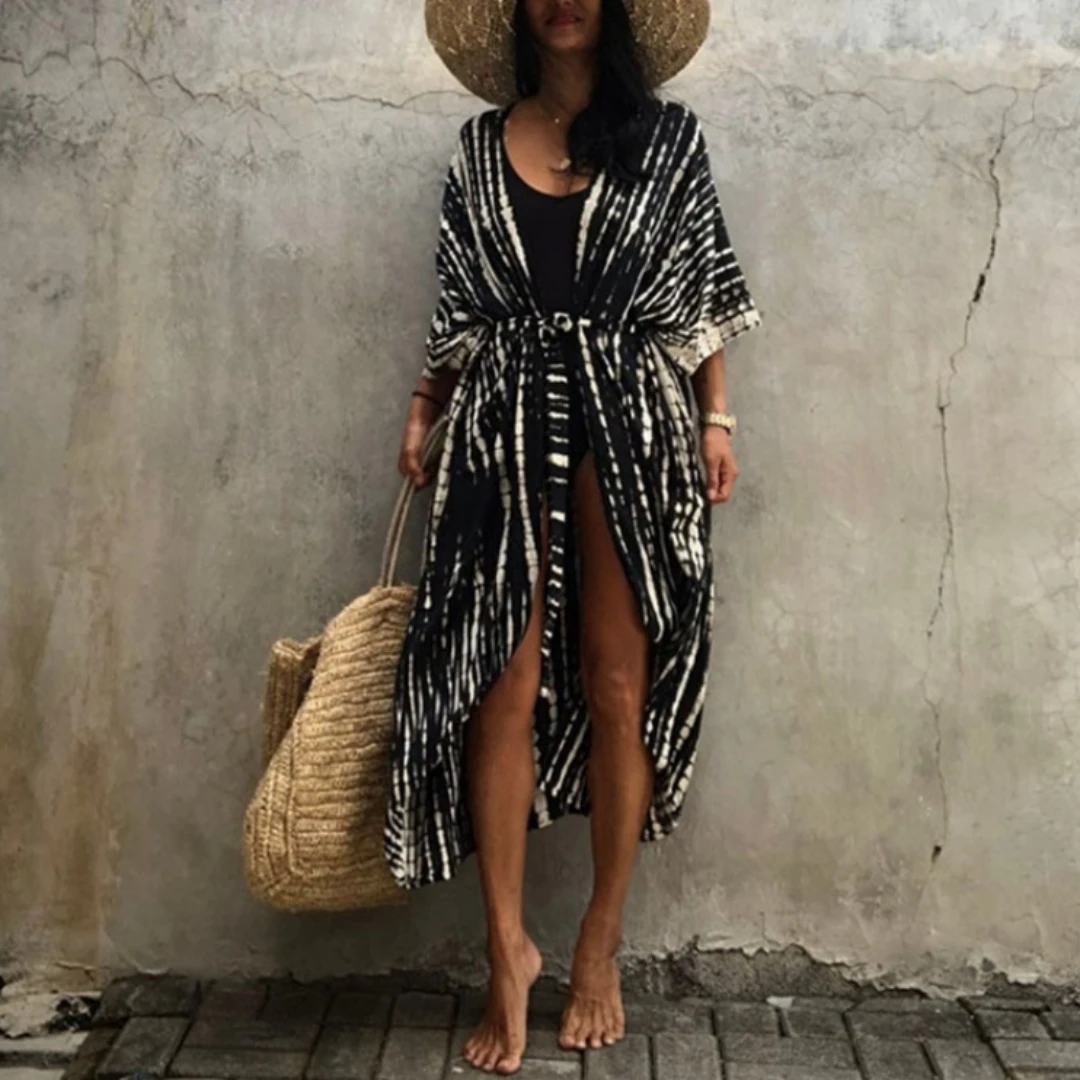Beach Bathing Suit Stylish Tie Dye Open Front Long Kimono Swimsuit Cover Up for Women