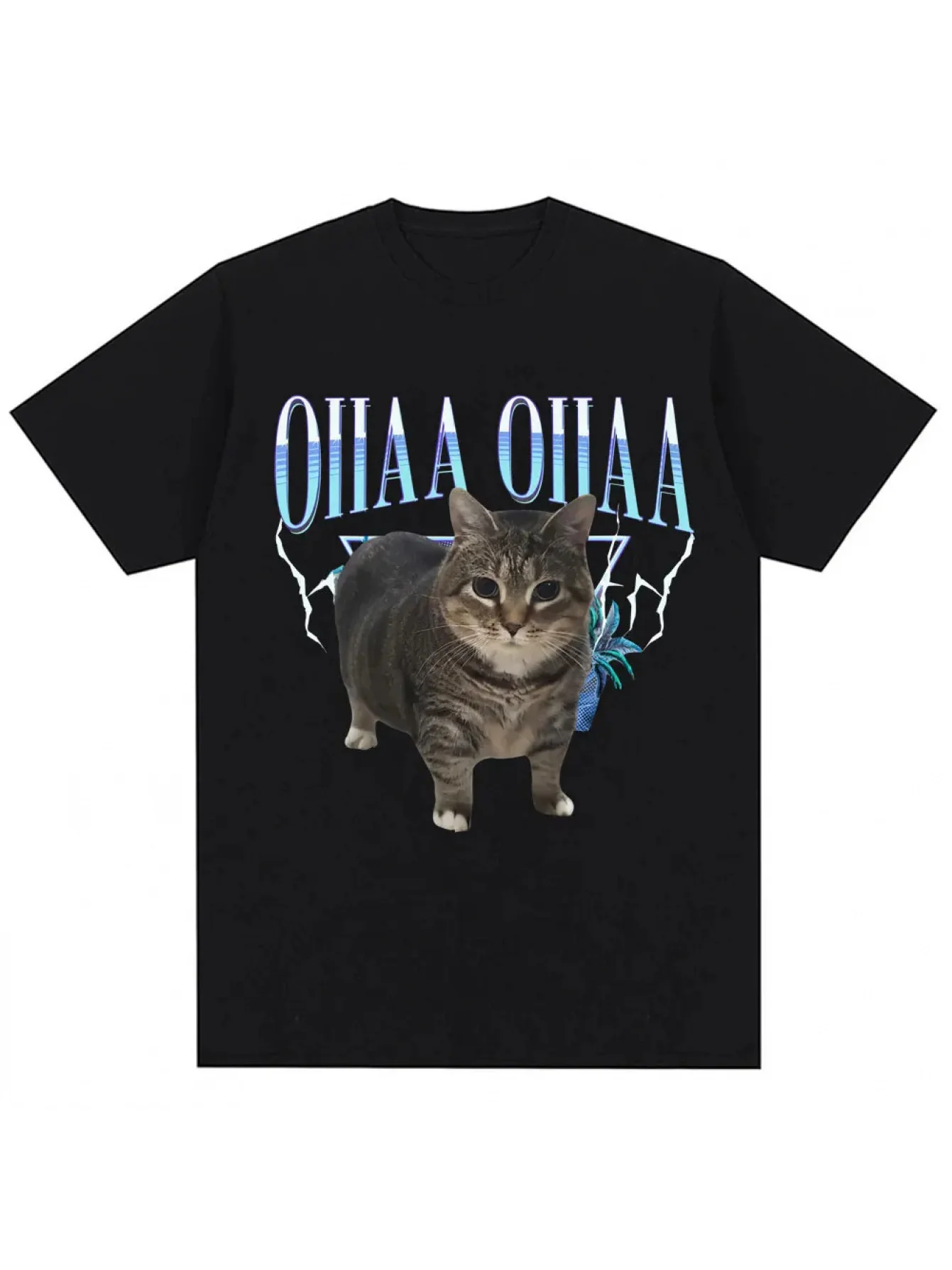 

Funny Viral Spinning Cat Meme T-Shirt Oiiaa Cat Vintage Graphic Tee with Lightning Bolt Design Short Sleeve Shirt for Men Women