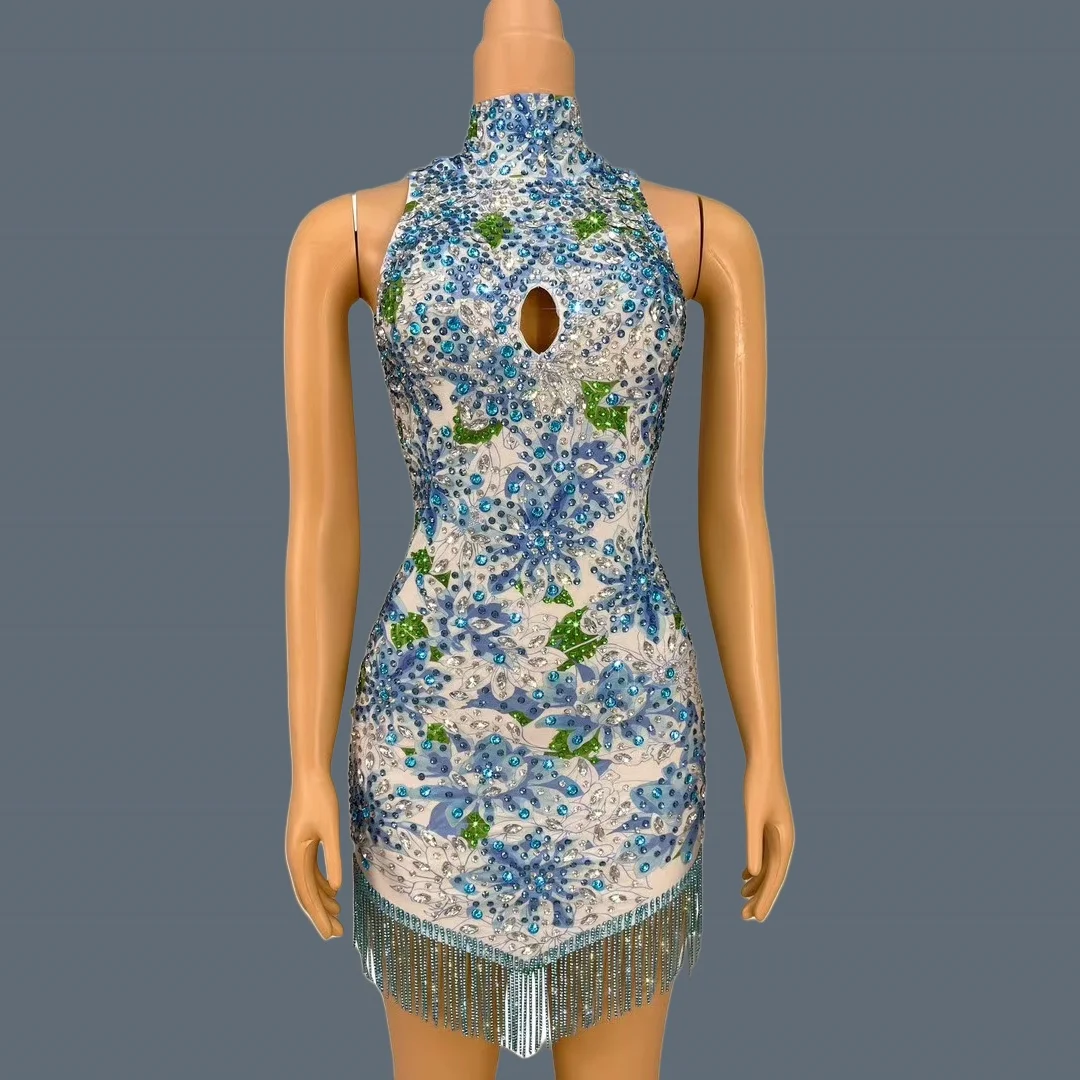 

NEW Cheongsam Type Short Dress Sparkly Rhinestone Printing Tassel Elastic Mini Dress for Women Photo Shoot Sexy Dress Lancaihe