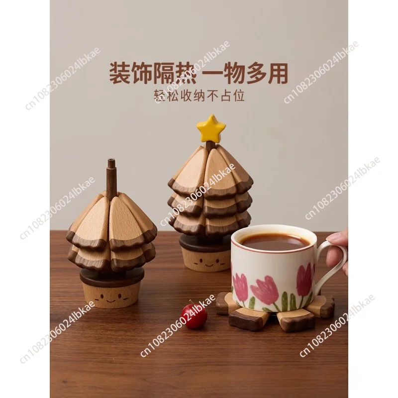 Solid wood coffee coaster, Christmas tree mug heat insulation mat, birthday gift, creative ornament, tea tray