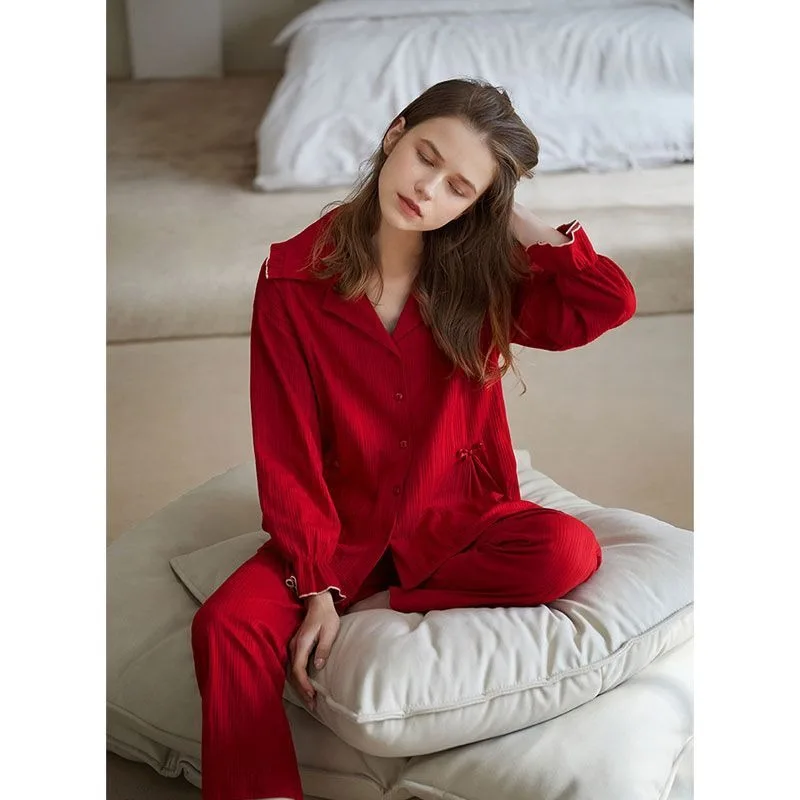 This Year Red Cotton Pajamas Female Spring and Autumn Loungewear Sweet Loose Set Can Be Worn Outside Comfort Ventilate New Style