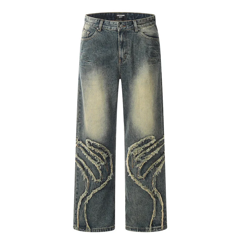 

Hi Street Baggy Blue Jeans Trousers Washed Streetwear Loose Vintage Denim Pants For Male Patchwork